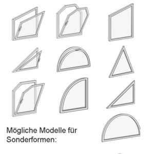 Dieses Bild zeigt alle möglichen Plissee Sonderformen wie Dreieck Kreis oder Trapetsfenster