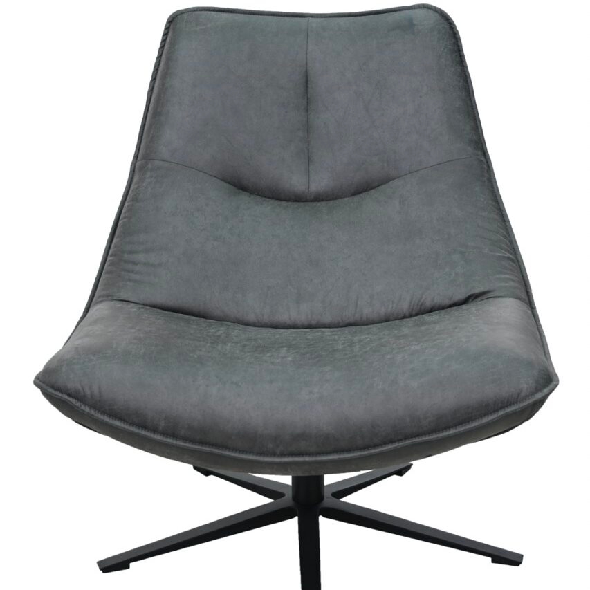 Freigestelltes Produktfoto eines modernen Loungesessels mit Anthrazit farbenen Kunstlederbezug in Wildlederoptik. Die Sitzschale ist ergonomisch geschwungen mit einer hohen Rückenlehne und weicher Polsterung. Der Sessel steht auf einem mattschwarzen Fünf-Stern-Drehkreuzfuß aus Metall.