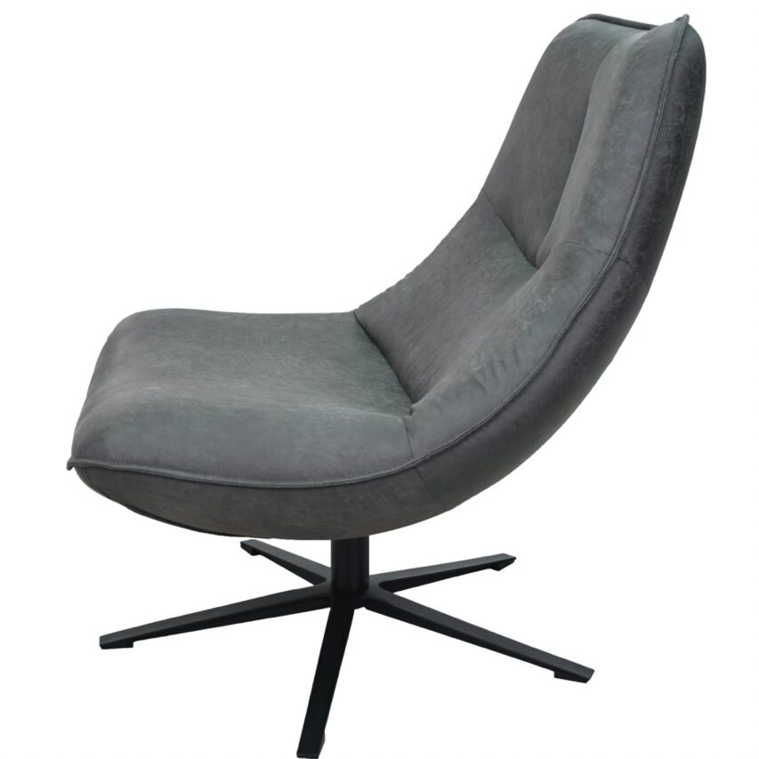 Freigestelltes Produktfoto eines modernen Loungesessels mit Anthrazit farbenen Kunstlederbezug in Wildlederoptik. Die Sitzschale ist ergonomisch geschwungen mit einer hohen Rückenlehne und weicher Polsterung. Der Sessel steht auf einem mattschwarzen Fünf-Stern-Drehkreuzfuß aus Metall.