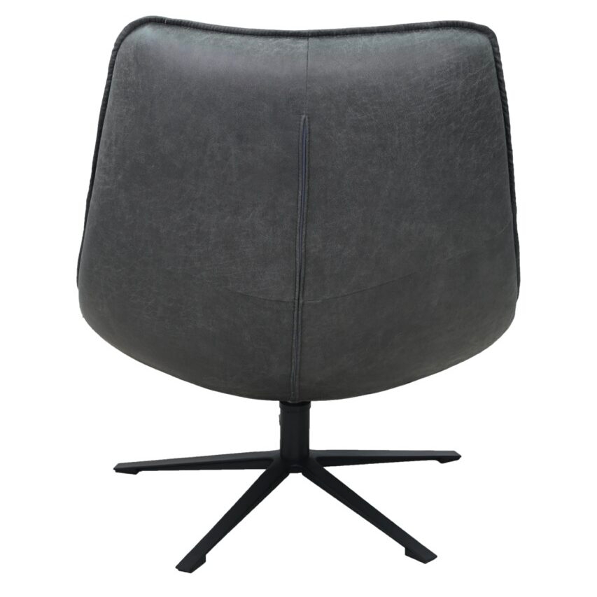 Freigestelltes Produktfoto eines modernen Loungesessels mit Anthrazit farbenen Kunstlederbezug in Wildlederoptik. Die Sitzschale ist ergonomisch geschwungen mit einer hohen Rückenlehne und weicher Polsterung. Der Sessel steht auf einem mattschwarzen Fünf-Stern-Drehkreuzfuß aus Metall.