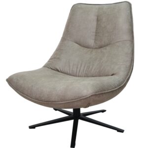 Freigestelltes Produktfoto eines modernen Loungesessels mit graubraunem Kunstlederbezug in Wildlederoptik. Die Sitzschale ist ergonomisch geschwungen mit einer hohen Rückenlehne und weicher Polsterung. Der Sessel steht auf einem mattschwarzen Fünf-Stern-Drehkreuzfuß aus Metall.