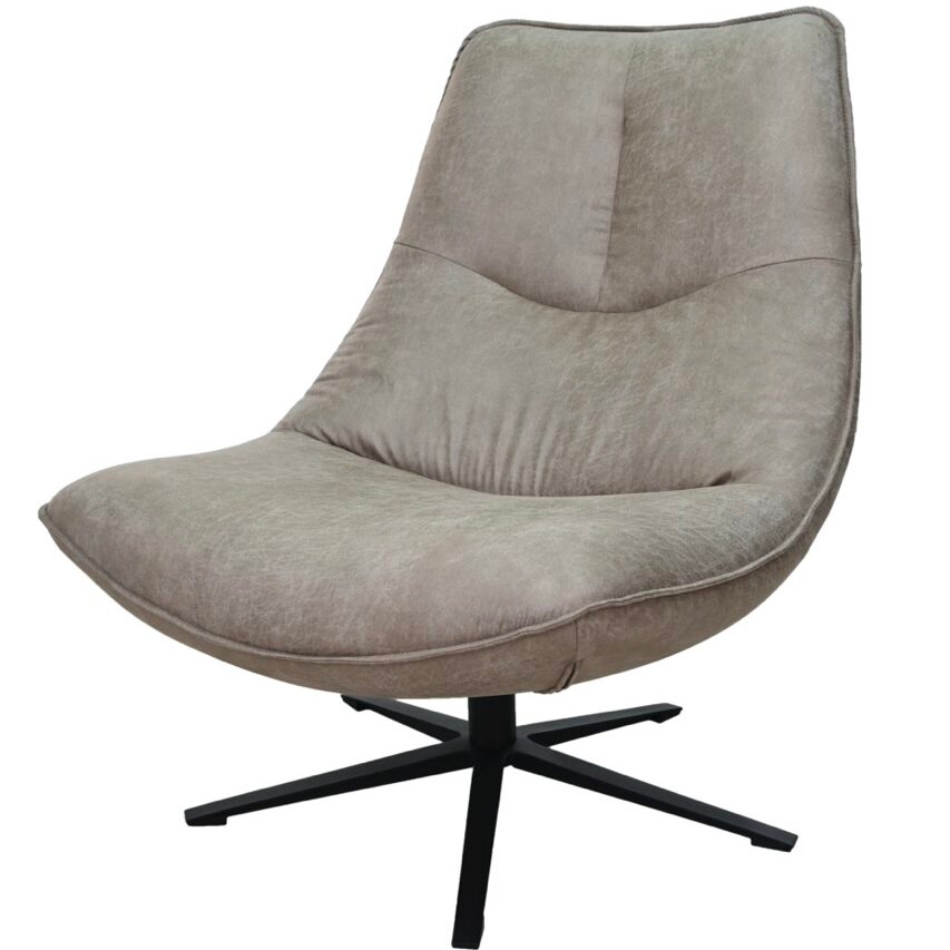 Freigestelltes Produktfoto eines modernen Loungesessels mit graubraunem Kunstlederbezug in Wildlederoptik. Die Sitzschale ist ergonomisch geschwungen mit einer hohen Rückenlehne und weicher Polsterung. Der Sessel steht auf einem mattschwarzen Fünf-Stern-Drehkreuzfuß aus Metall.
